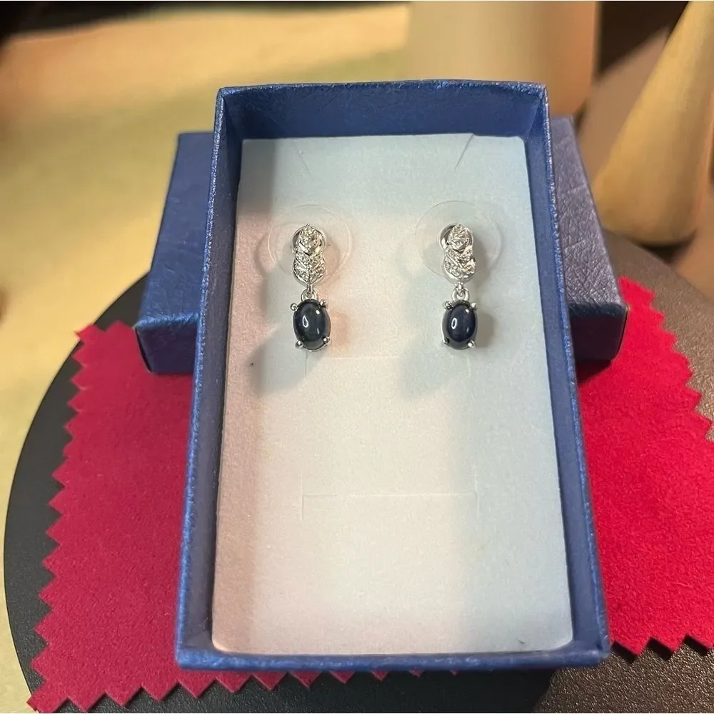 Blue Star Sapphire & Natural White Zircon Dangle Earrings Platinum / Sterling